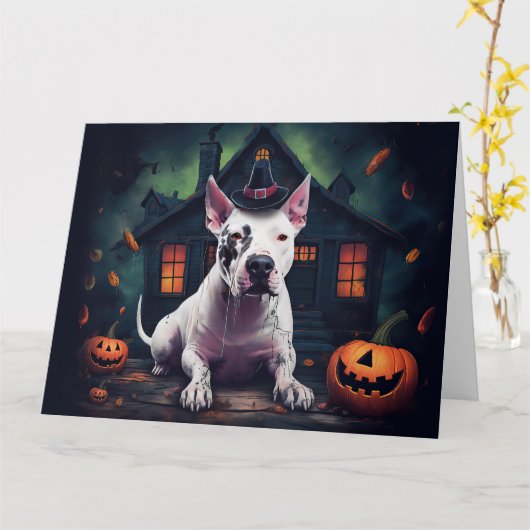 Bull Terrier pompoenen Halloween eng Kaart (Gele Bloem)