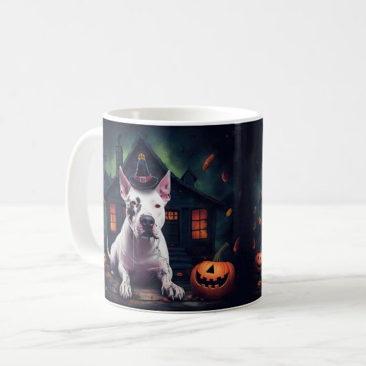 Bull Terrier pompoenen Halloween eng Koffiemok (Voorkant links)