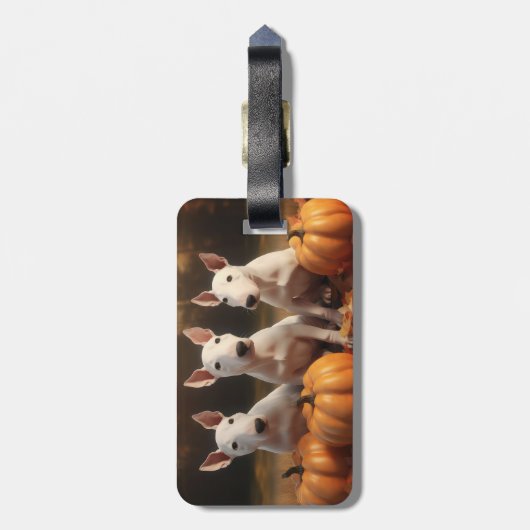 Bull Terrier Puppy Herfst Delight Pompoen Bagagelabel (Achterkant verticaal)