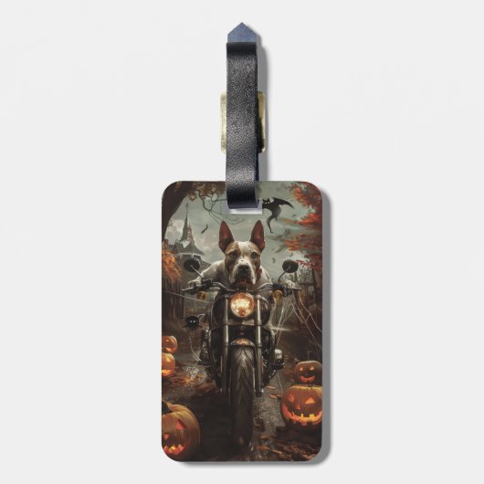 Bull Terrier Rijden Motorfiets Halloween Eng Bagagelabel (Achterkant verticaal)