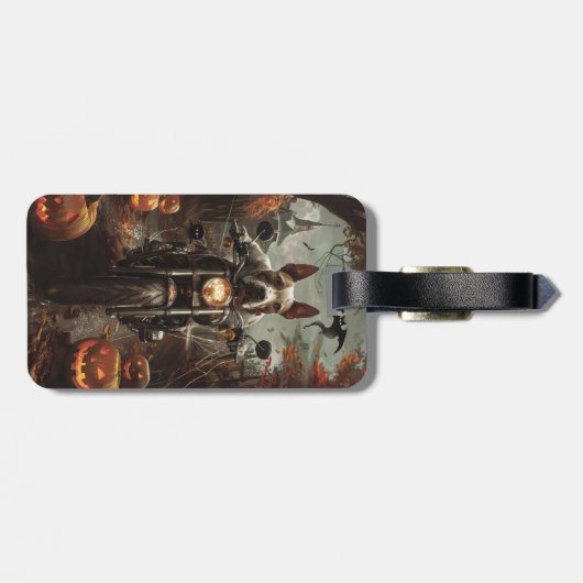 Bull Terrier Rijden Motorfiets Halloween Eng Bagagelabel (Achterkant horizontaal)