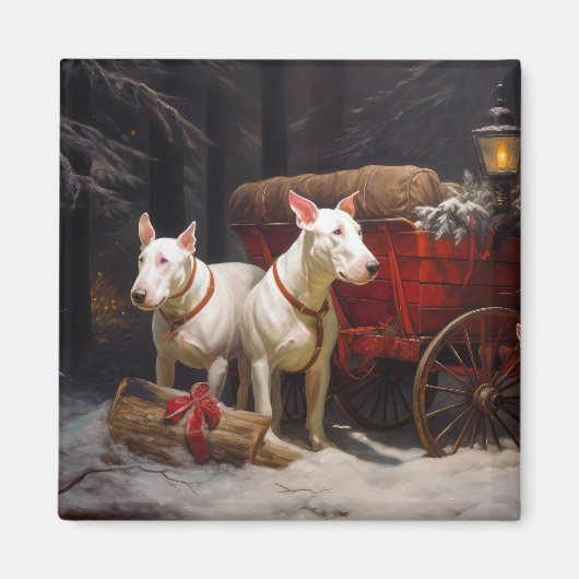 Bull Terrier Snowy Sleigh Kerst Decor Magneet (Voorkant)
