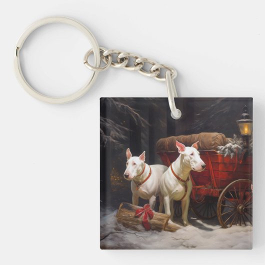 Bull Terrier Snowy Sleigh Kerst Decor Sleutelhanger (Voorkant)