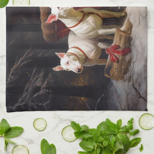 Bull Terrier Snowy Sleigh Kerst Decor Theedoek (Gevouwen)