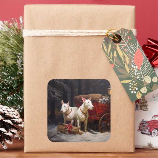 Bull Terrier Snowy Sleigh Kerst Decor Vierkante Sticker (Feestdagen)