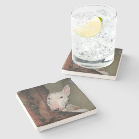 Bull Terrier Snuggled under a Blanket (kleur) Stenen Onderzetter (Zijkant)