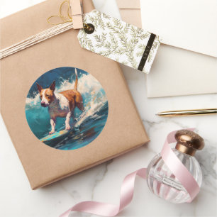 Bull Terrier Strand Surfen Schilderij Ronde Sticker