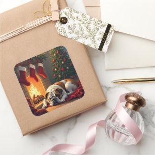 Bulldog bij de Haard Kerstschilderij Vierkante Sticker