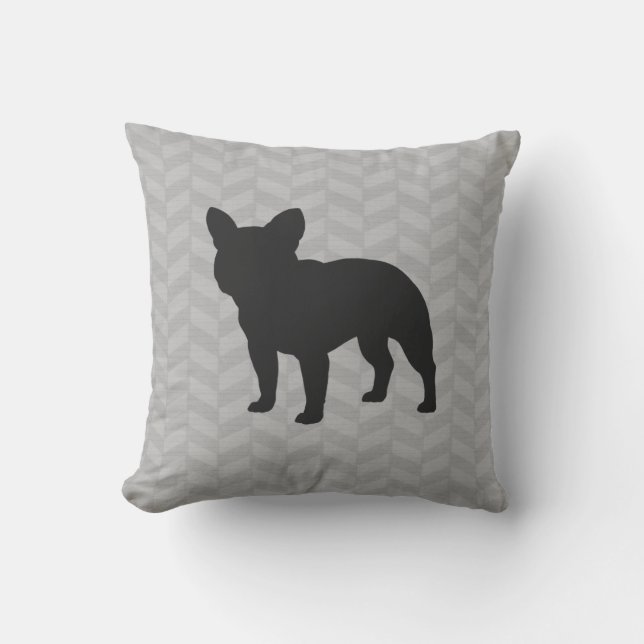 Bulldog Dog Silhouette Gray Herringbone Kussen (Voorkant)