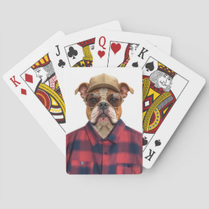 Bulldog draagt hoed en flanellen overhemd pokerkaarten