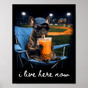 Bulldog drinkt ijskoude koffie op het honkbalveld poster
