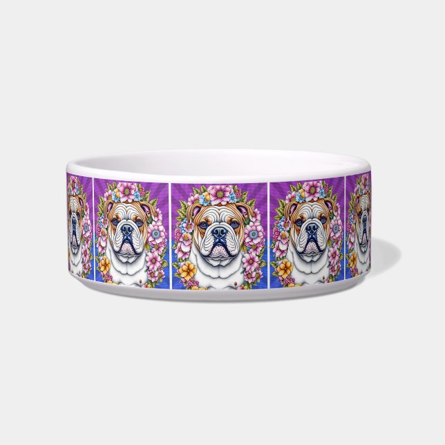 Bulldog en Whimsical Bloemen Voerbakje (Voorkant)