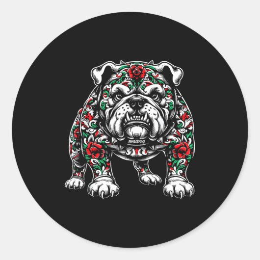 Bulldog Floral Red Rose Mens Womens  Ronde Sticker (Voorkant)