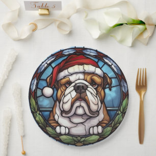 Bulldog Gebrandschilderd Glas Kerstmis Papieren Bordje