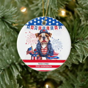 Bulldog Gelukkig 4th van juli Amerika Onafhankelij Keramisch Ornament