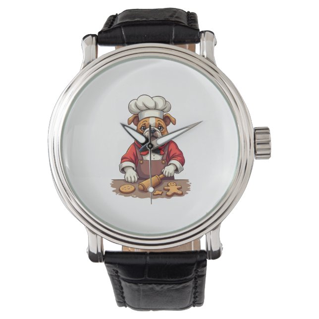 Bulldog Gingerbread Chef hond Horloge (Voorkant)
