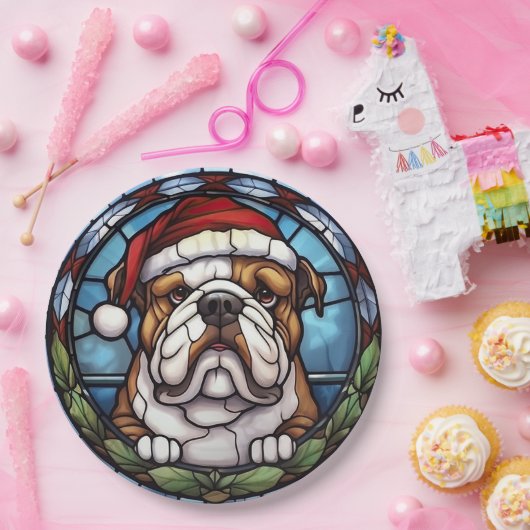 Bulldog Glas in lood Kerst Papieren Bordje (Feest)