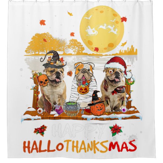 Bulldog Happy Hanksmas Halloween Thanksgivin Douchegordijn (Voorkant)