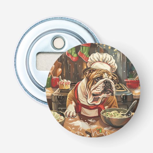 Bulldog Holiday Bakken: Feestelijke Kerstmis Button Flesopener (Voorkant)