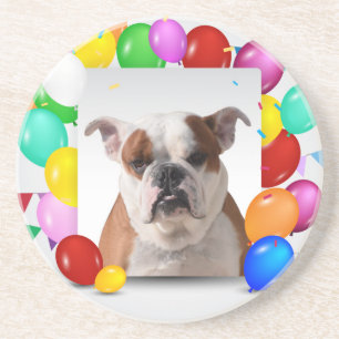 Bulldog Hond met kleurrijke Ballonnen Verjaardag T Zandsteen Onderzetter