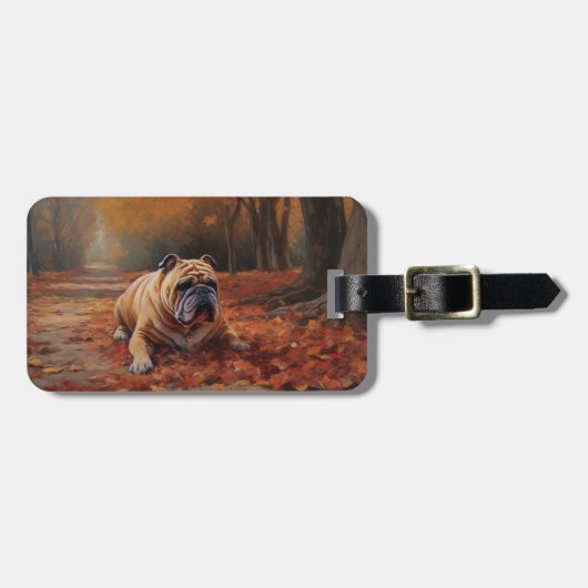 Bulldog in herfst laat Herfst inspireren Bagagelabel (Voorkant horizontaal)