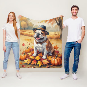 Bulldog in herfstbladeren Thanksgiving kunst Fleece Deken