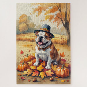 Bulldog in herfstbladeren Thanksgiving kunst Legpuzzel
