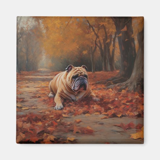 Bulldog in herfstbladeren val inspireert magneet (Voorkant)