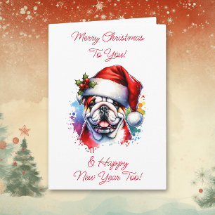 Bulldog in Santa Hat Gepersonaliseerde Kerstmis Kaart