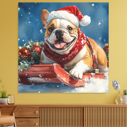 Bulldog in Sledge Laat het sneeuwen Kerstmis Canvas Afdruk (Insitu (Woonkamer))