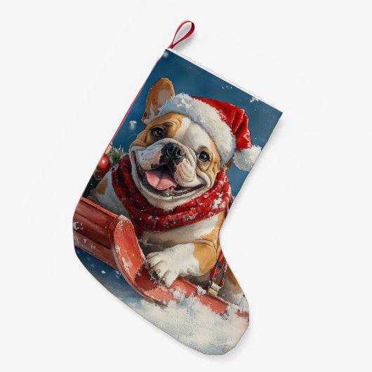 Bulldog in Sledge Laat het sneeuwen Kerstmis Kleine Kerstsok (Voorkant (Hangend))