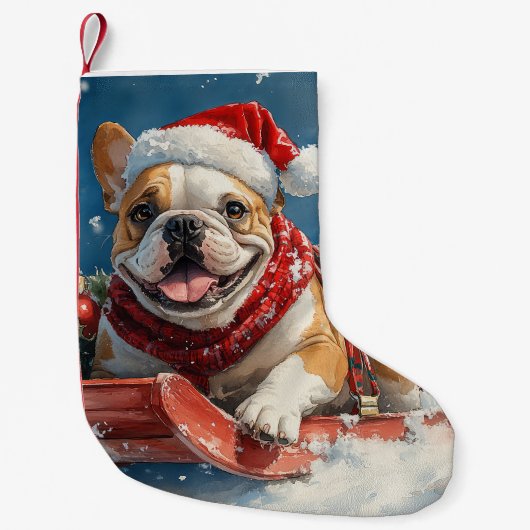 Bulldog in Sledge Laat het sneeuwen Kerstmis Kleine Kerstsok (Voorkant)