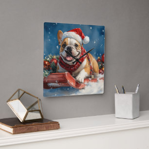 Bulldog in Sledge Laat het sneeuwen Kerstmis Vierkante Klok