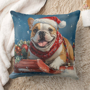 Bulldog in slee met Sneeuw Kerstmis Kussen