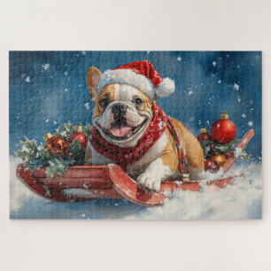 Bulldog in slee met Sneeuw Kerstmis Legpuzzel