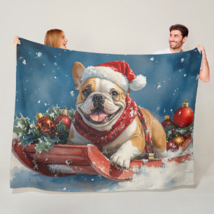 Bulldog in slee met Sneeuw valt Kerstmis Fleece Deken