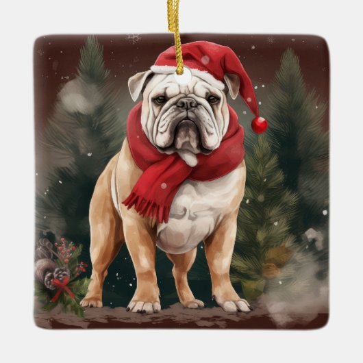 Bulldog in Sneeuw Kerstmis Keramisch Ornament (Voorkant)