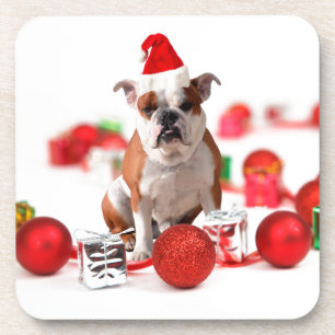 Bulldog kerstcadeau doos Ornamenten rode kerstmuts Bier Onderzetter