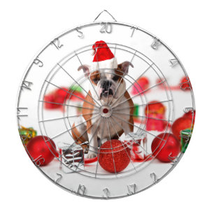 Bulldog kerstcadeau doos Ornamenten rode kerstmuts Dartbord