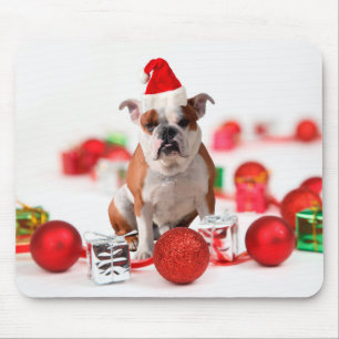 Bulldog kerstcadeau doos Ornamenten rode kerstmuts Muismat