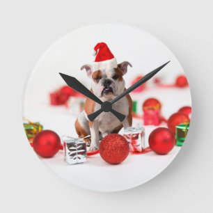 Bulldog kerstcadeau doos Ornamenten rode kerstmuts Ronde Klok