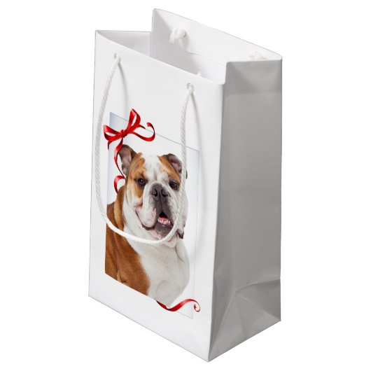 Bulldog kerstcadeautas klein cadeauzakje (Achterkant Gekanteld)