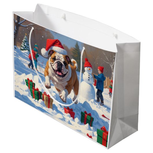 Bulldog Kerstfeest Sneeuwscène Groot Cadeauzakje (Achterkant Gekanteld)
