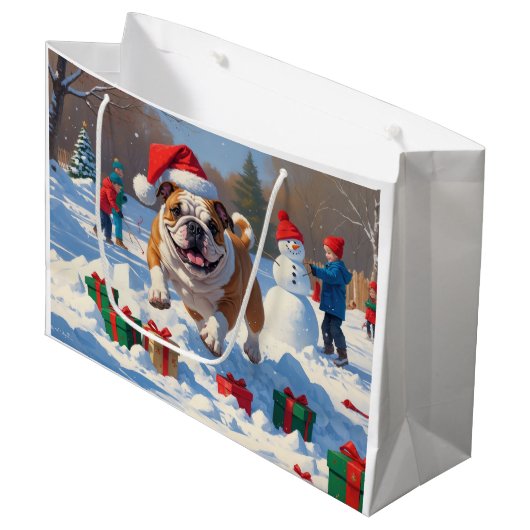 Bulldog Kerstfeest Sneeuwscène Groot Cadeauzakje (Voorkant Gekanteld)