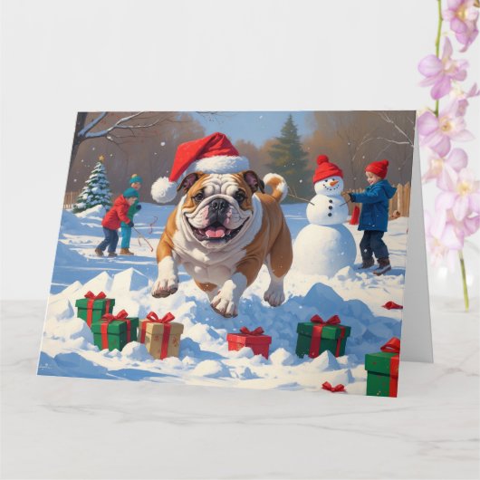 Bulldog Kerstfeest Sneeuwscène Kaart (Orchidee)