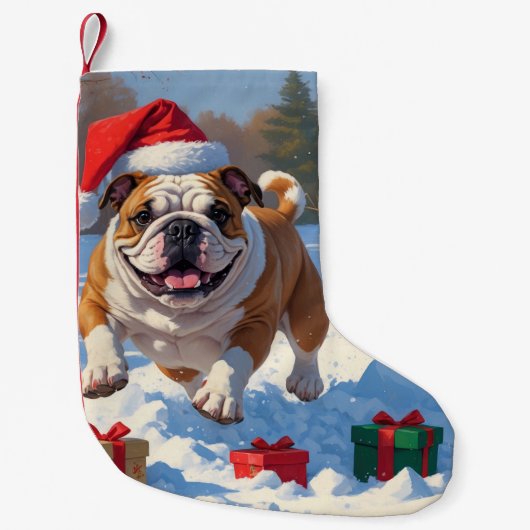 Bulldog Kerstfeest Sneeuwscène Kleine Kerstsok (Voorkant)