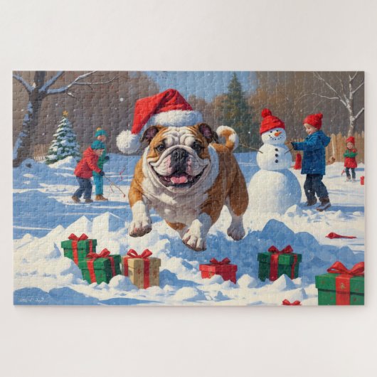 Bulldog Kerstfeest Sneeuwscène Legpuzzel (Horizontaal)