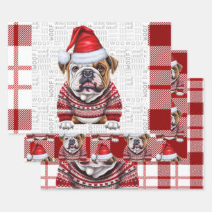 Bulldog Kersthond Rood Wit Plaid Inpakpapier Vel