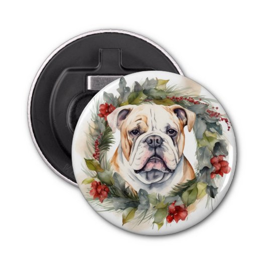 Bulldog Kerstkrans feestelijke pup Button Flesopener (Voorkant)