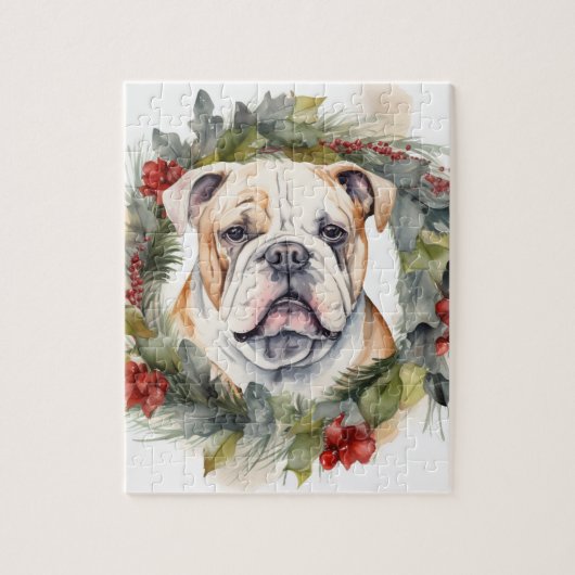 Bulldog Kerstkrans feestelijke pup Legpuzzel (Verticaal)